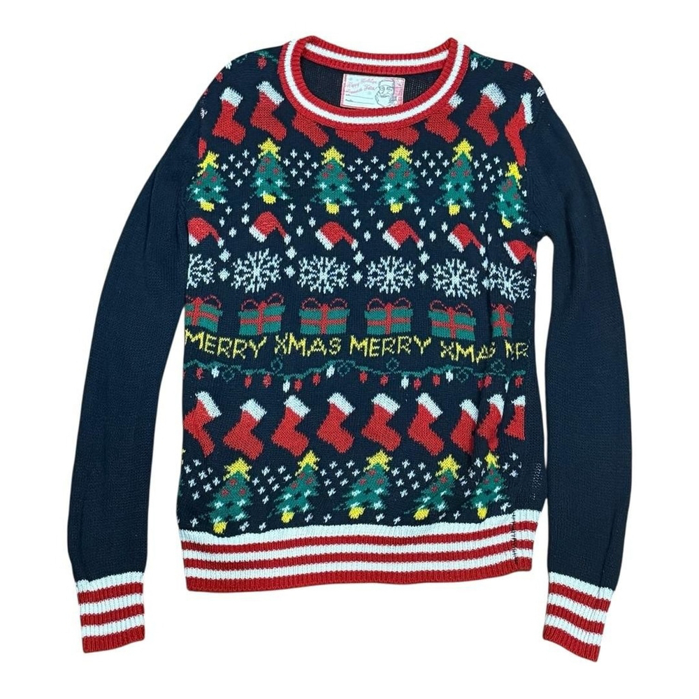 Ugly Christmas Sweater Womens Small Festive Xmas Trees Stockings Pullover
